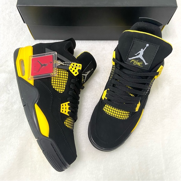 Men's Black Sneakers Shoes w/ Perforated Design -Retro 4 Yellow Thunder - Picture 1 of 9